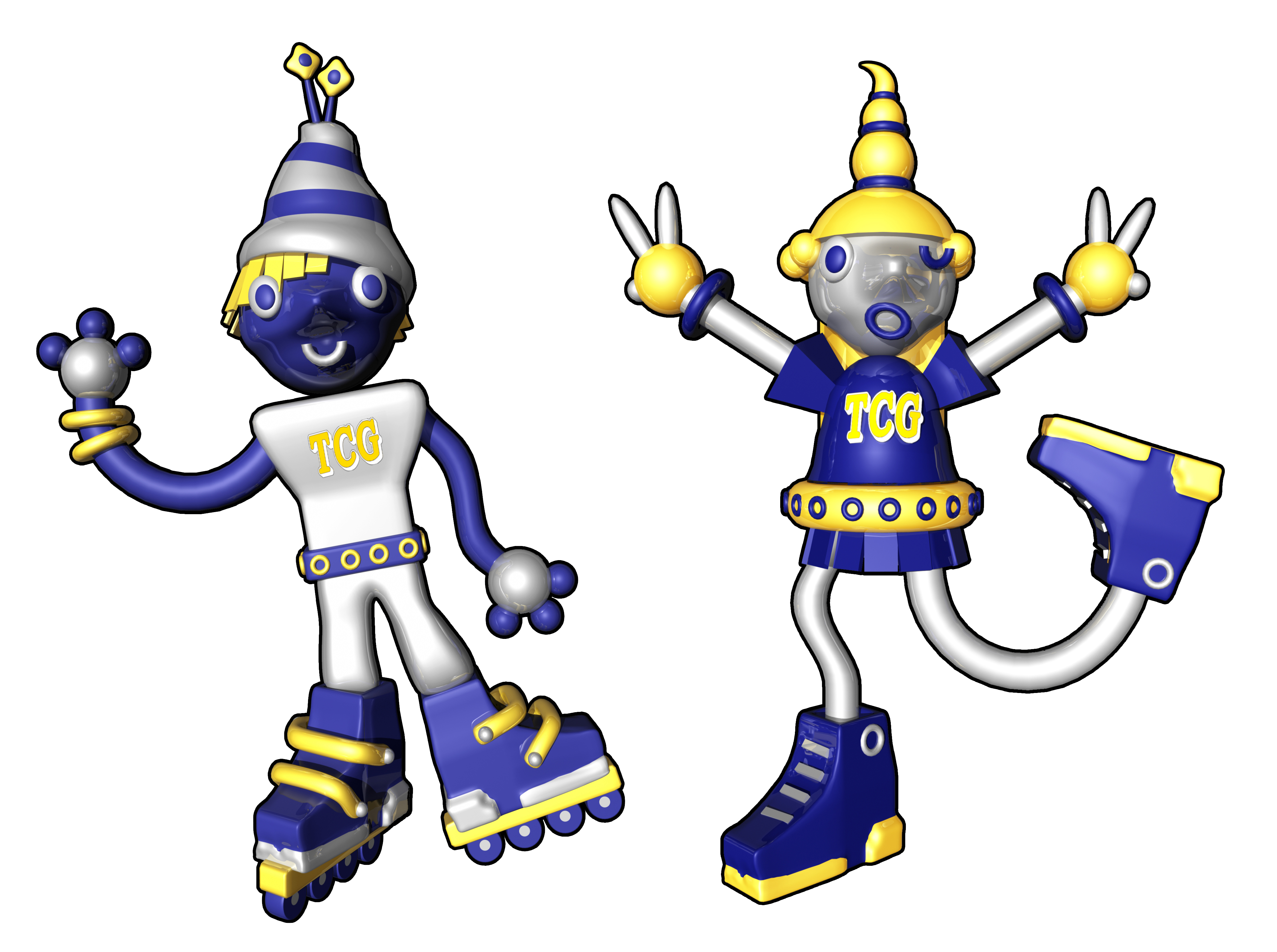 Stylized 3D characters on rollerblades smiling and posing